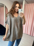 V Neck Cotton Top - Taupe