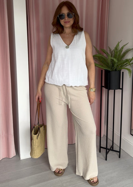 Textured Wide Leg Trousers - Beige