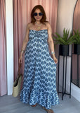 Cotton Shell Print Bandeau Halter Dress - Navy