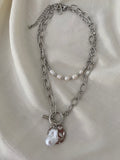 Double Chain Pearl Necklace - Silver