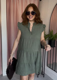 Cheesecloth Flutter Sleeve Dress - Khaki