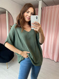 V Neck Cotton Top - Khaki