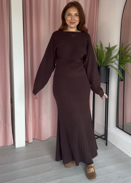 Knitted Skirt & Jumper Co-ord - Chocolate Brown