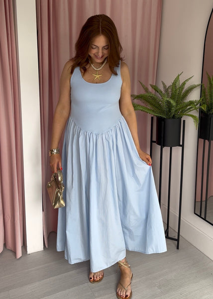 Leni Basque Waist Dress - Pale Blue