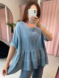 Linen Cotton Mix Tiered Top - Blue