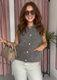 Gold Button Knitted Waistcoat - Taupe