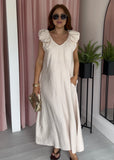 Ruched Deep Neckline Dress - Cream