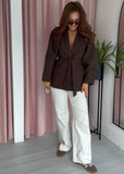 Collarless Tie Belt Jacket - Brown