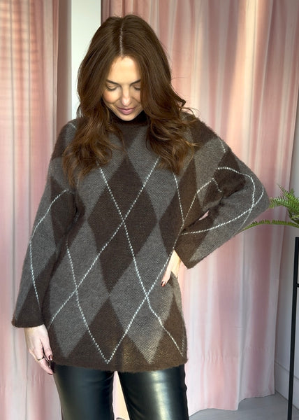 *pre order* Longline Argyle Jumper - Brown & Taupe