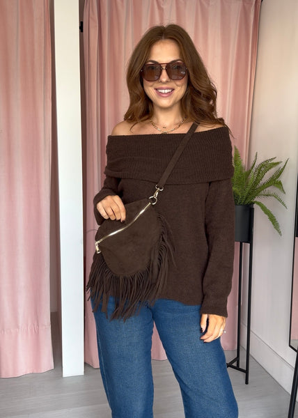 Faux Suede Tassel Sling Bag - Brown