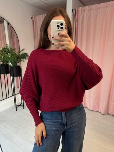 Rib Slash Neck Jumper - Burgundy