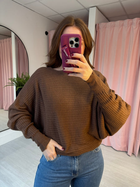 Rib Slash Neck Jumper - Chocolate