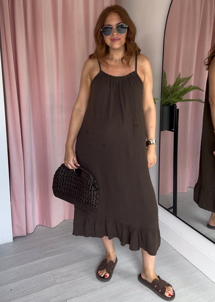 Cheesecloth Ruffle Hem Maxi Dress - Brown