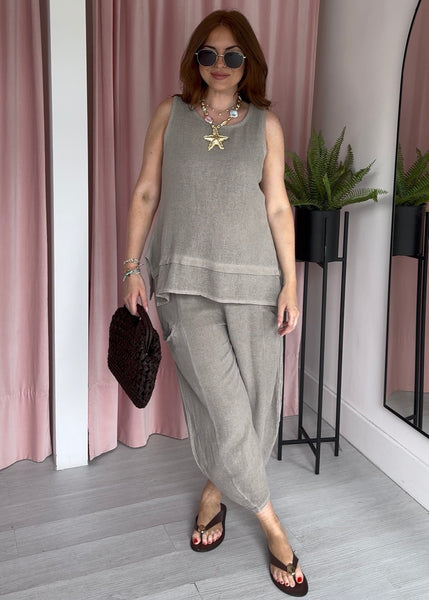 Tea Bag Linen Barrel Leg Trouser - Taupe