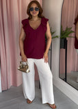 Ruched Deep Neckline Top - Wine