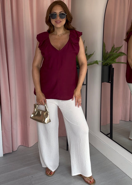 Ruched Deep Neckline Top - Wine