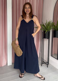 Gold Detail Pleat Front Jumpsuit - Navy
