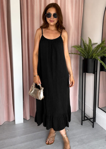 Cheesecloth Ruffle Hem Maxi Dress - Black