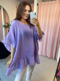 Frill Hem Cotton T-Shirt -  Lilac