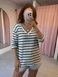 Stripe V Neck Top - Denim Blue