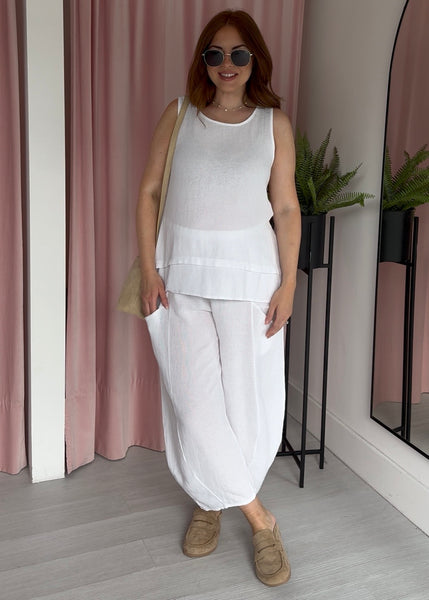 Tea Bag Linen Barrel Leg Trouser - White