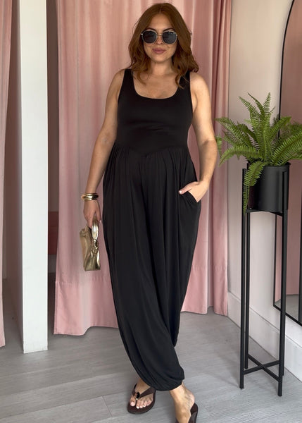 Basque Style Jersey Ribbed Jumpsuit - Black