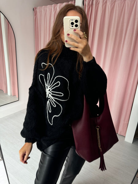 Balloon Sleeve Flower Appliqué Jumper