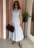 Shirred Asymmetric Cotton Dress - Blue
