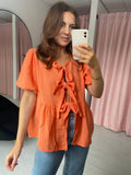 Bow Tie Cheesecloth Shirt - Orange Short Sleeve