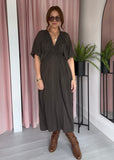 Shirred V Boho Dress - Brown