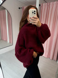 Balloon Sleeve High Neck Jumper - Burgandy