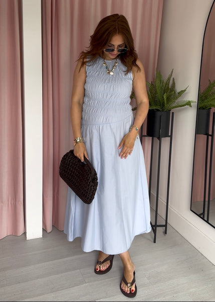 Shirred Asymmetric Cotton Dress - Blue