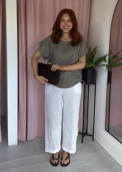 Linen Side Ruched Top - Taupe