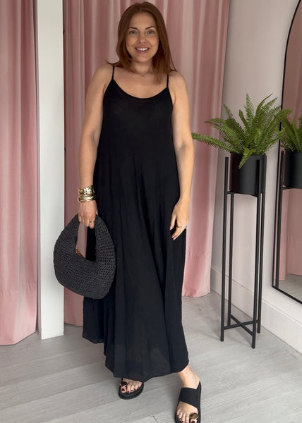 Spaghetti Strap Cotton Dress - Black