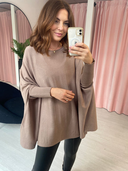 Scoop Neck Poncho Jumper - Taupe