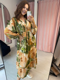 Floral Midi Dress - Khaki & Camel