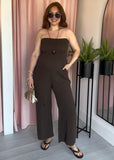 Cheesecloth Shirred Bandeau Jumpsuit - Brown