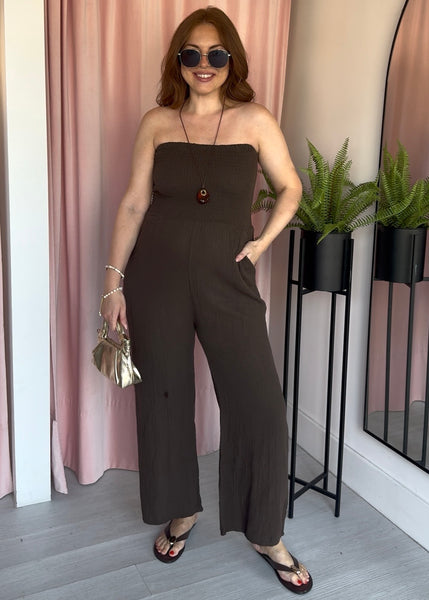 Cheesecloth Shirred Bandeau Jumpsuit - Brown