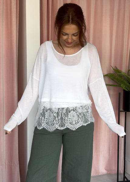 Lace Hem Layering T - White