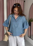 Chambray Denim Puff Ball Sleeve Shirt