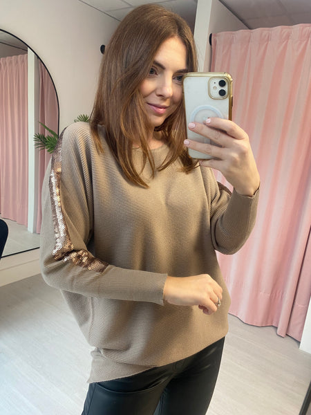 Sequin Detail Jumper -  Taupe