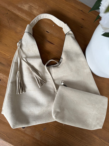 Faux Suede Tassel Slouch Bag - Biege