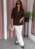 Collarless Tie Belt Jacket - Brown