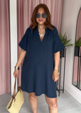 Cheesecloth Short Bubble Sleeve Dress - Navy
