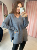 V-neck Ribbed Knit Tunic - Grey