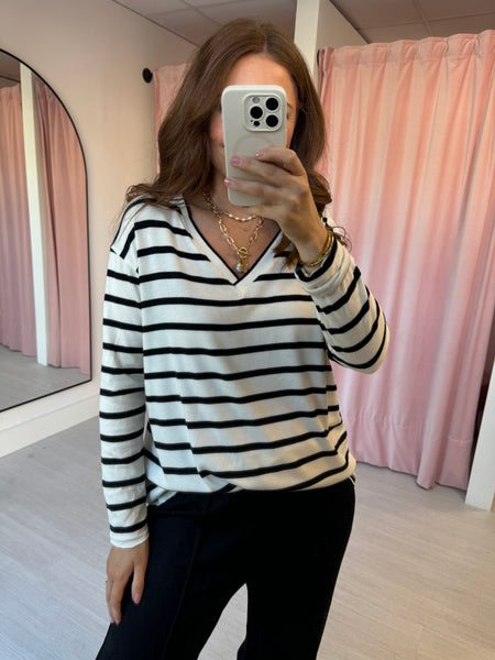 Stripe V Neck Top - Black