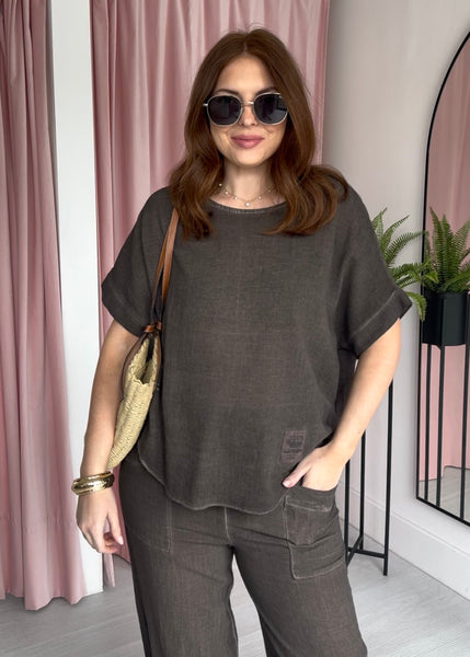 Tea Bag Linen Barrel Leg Co-ord - Brown