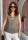 Bubble Hem Button Top - Taupe