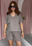 V Neck Cotton Top - Taupe