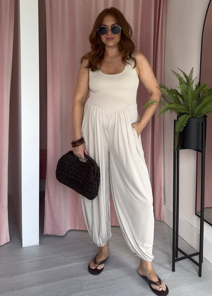 Basque Style Jersey Ribbed Jumpsuit - Biege